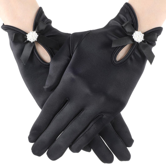 Short Satin Gloves Wrist Length Gloves Women's Gown Gloves Opera Bridal Banquet Dress Glove for Wedding Opera Party (Black)