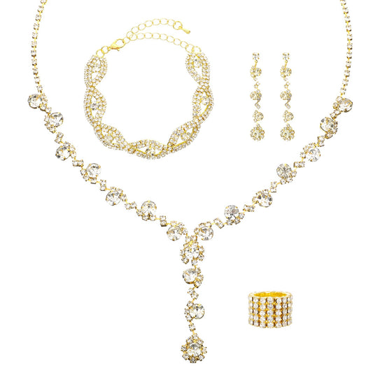 Telooco Gold Prom Jewelry Sets, Sparkly Rhinestone Necklace Earrings Bracelet Ring Set, Crystal Bridal Wedding Prom Formal Costume Jewelry Set for Women