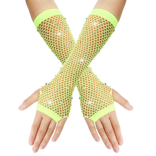 Yolev Rhinestones Long Fishnet Fingerless Gloves Fish Net Gloves Sparkly Glitter Fashion Opera Gloves for 80s Costume Evening Party Halloween Cosplay Supplies (Fluorescent Yellow)