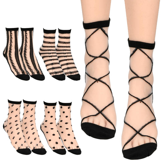 Lusofie 5Pairs Sheer Ankle Socks Black See Through Socks Striped Plaid Dot Cute Transparent Socks for Women Girls