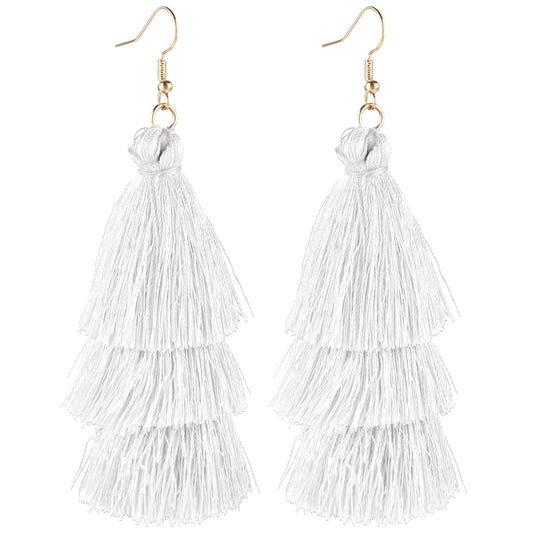 Tassel Earrings For Women Long Thread Tassel Earrings Bohemian Fringe Drop Handmade Earrings for Women Girls (White)