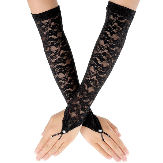 Lusofie Black Lace Gloves Women Tea Party Black Lace Gloves for Women Tea Party Gloves Black Lace Gloves Fingerless Gloves Stretchy Elbow for Women Ladies Costume Evening Opera Bridal Party Cosplay