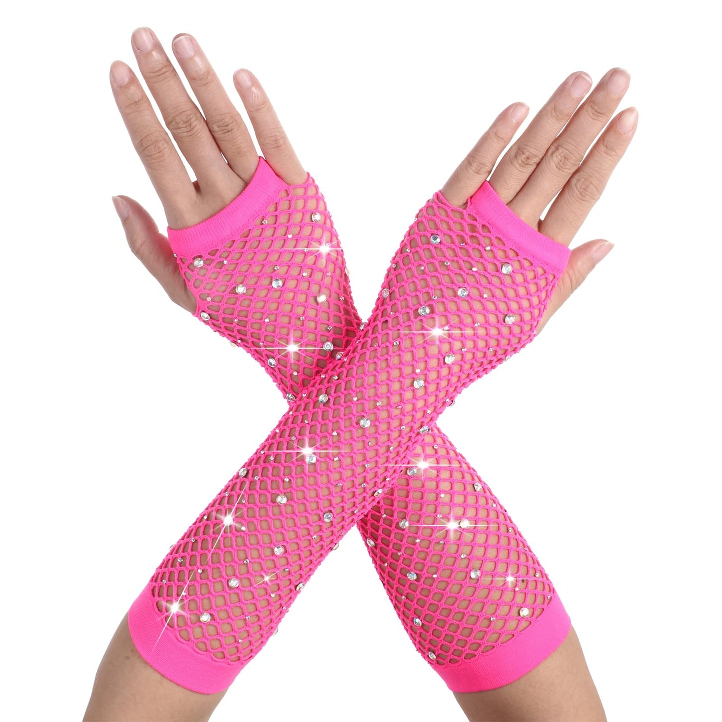 Women Rhinestone Fishnet Fingerless Gloves, Fish Net Arm Sleeve Warmers