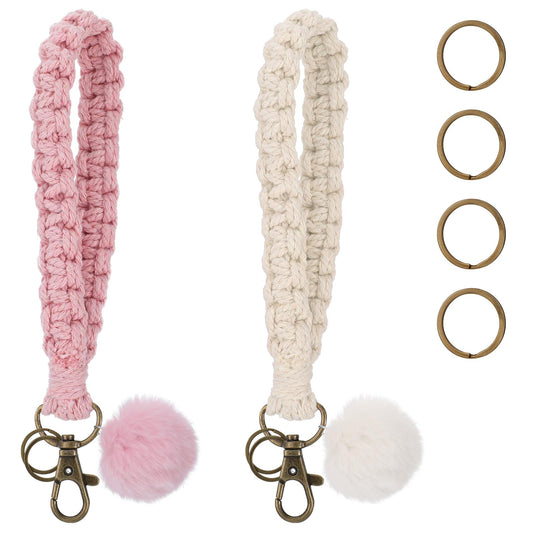 Lusofie 2Pcs Woven Wrist Lanyard for Keys Cute Key Chain Wristlet with Fur Pom, Keychain Wristlet for Women Girls Car Keys Wallet ID Badge(Pink, White)