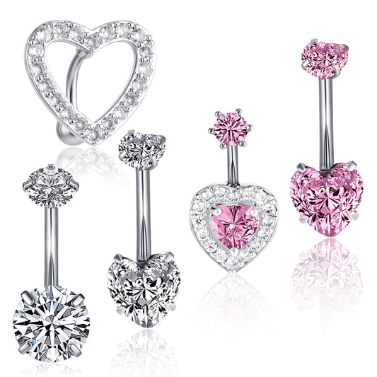 Josojoou Cute Pink Heart Belly Button Ring Surgical Stainless Steel Rings 14G Dangling Belly Ring Pack for Women Navel Piercing Jewelry