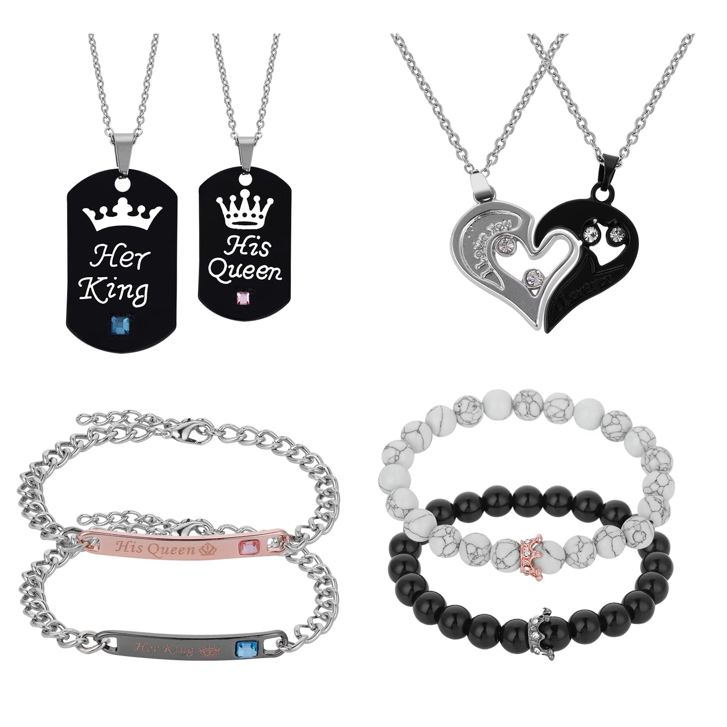 Yolev 8 Pieces Couple Necklace Bracelet Set, I Love You Pendant Necklaces,Her King&His Queen Necklace Bracelet, Crown Necklace for Valentine's Day Anniversary
