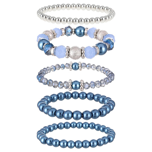 DIVINA VITAE 5 Pcs Beaded Stretch Bracelets Blue Stackable Bracelets Crystal Bead Bracelet Boho Beaded Bracelets Stretch Layering Crystal Stone Beaded Bracelets Trendy Costume Jewelry Gifts for Women