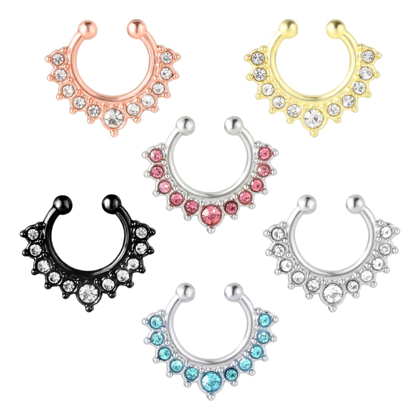 Telooco 6Pcs Fake Septum Nose Hoop Fake Nose Ring Stainless Steel Fake Nose Piercing with Rhinestone Clip On Nose Ring Lip Non Piercing Body Jewelry