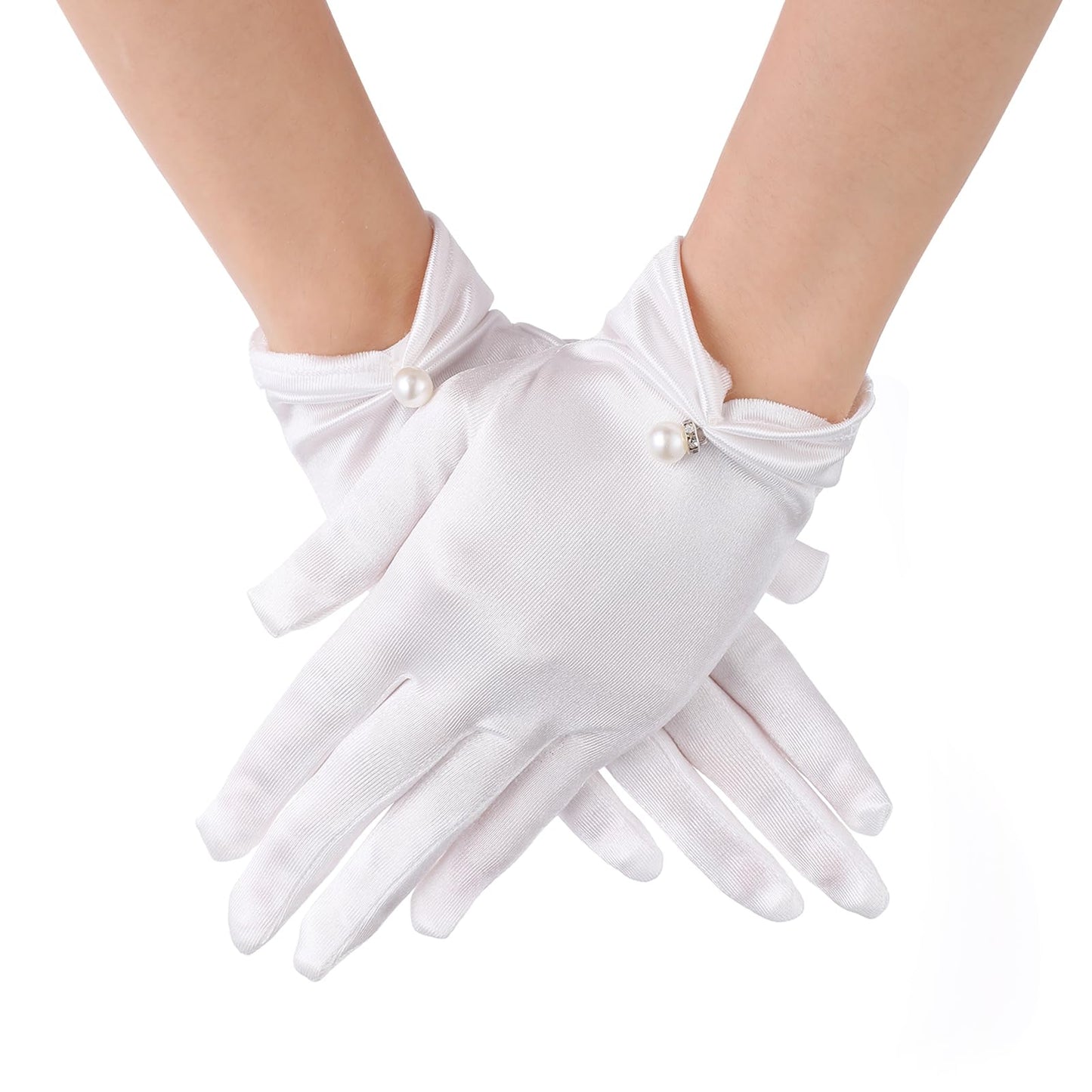 Lusofie Short Satin Gloves Wrist Length Pearl Gloves Women's Accessories Opera Gloves for Wedding Banquet Dinner Party
