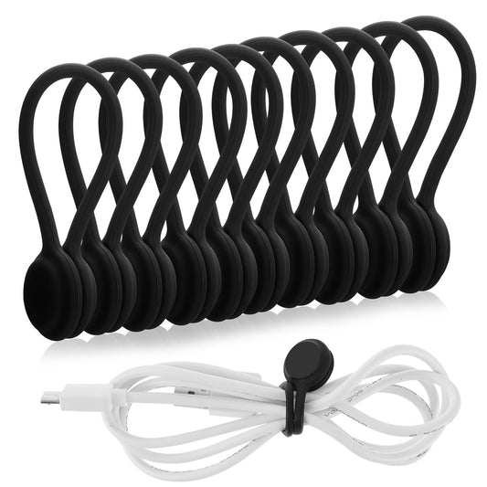 10 PCS Magnetic Cable Ties Extended Silicone Cable Ties Reusable Cable Ties Cable Straps for Cords Electrical Cords Travel Appliance Desk Charging Earphone (Black)