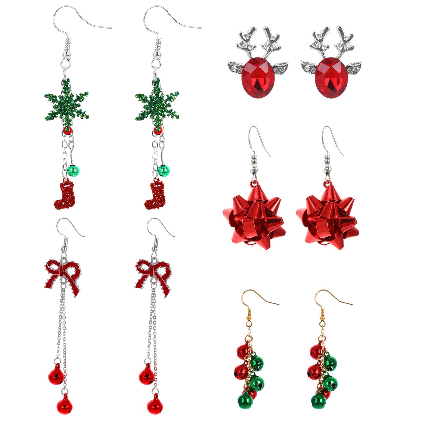 Yolev 5 Pairs Christmas Earrings for Women Girl Xmas Thome Earrings Christmas Bow Bell Elk Snowflake Wreath Dangle Earrings