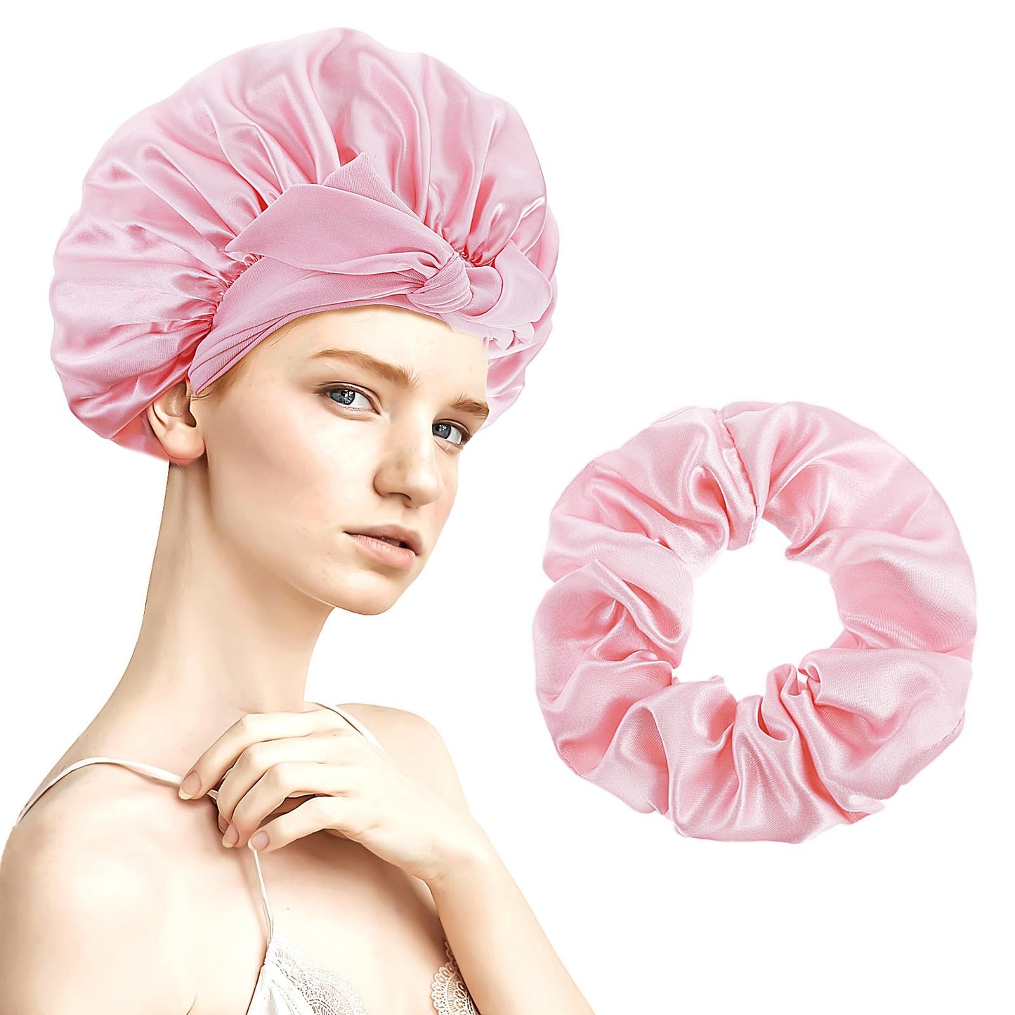 Silk Bonnet With Satin Hair Tie Silk Bonnet for Sleeping,Hair Bonnet for Sleeping Silk Hair Bonnet Adjustable Hair Bonnet for Sleeping (Pink)