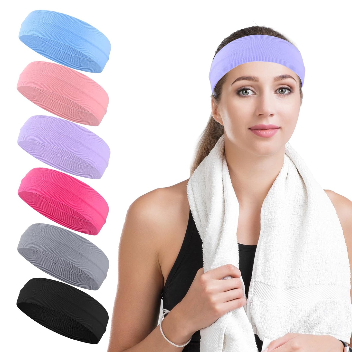 6Pcs Sports Headband Sweatbands Workout Headbands for Women Non-Slip Elastic Sweat Hair Bands for Yoga, Golf, Gym, Camping, Running, Tennis