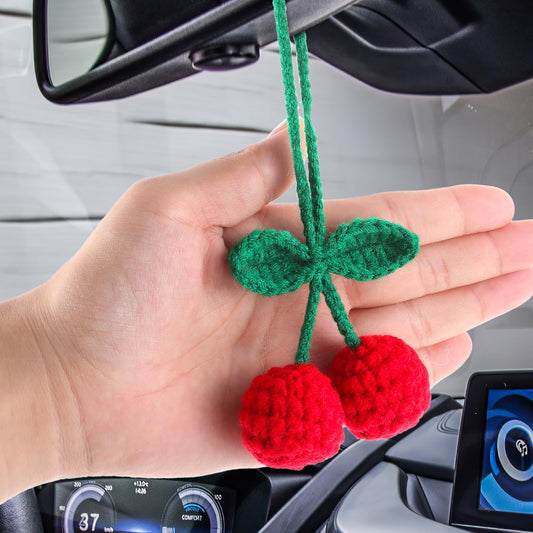 Cute Car Accessories Cherry Decor Car Hanging Accessories Fruit Style Car Decor Handmade Car Mirror Accessories Crochet Works Car Pendant, Mirror Hanging Accessories for Your Car