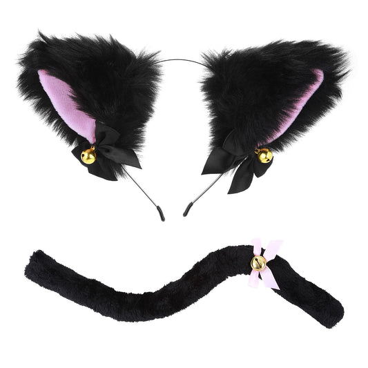 Cat Ears and Tail Set Easter Furry Cat Ears Headband with Tail Black Cat Cosplay Costume Accessories Set for Women Girls Easter Party Favor Costume