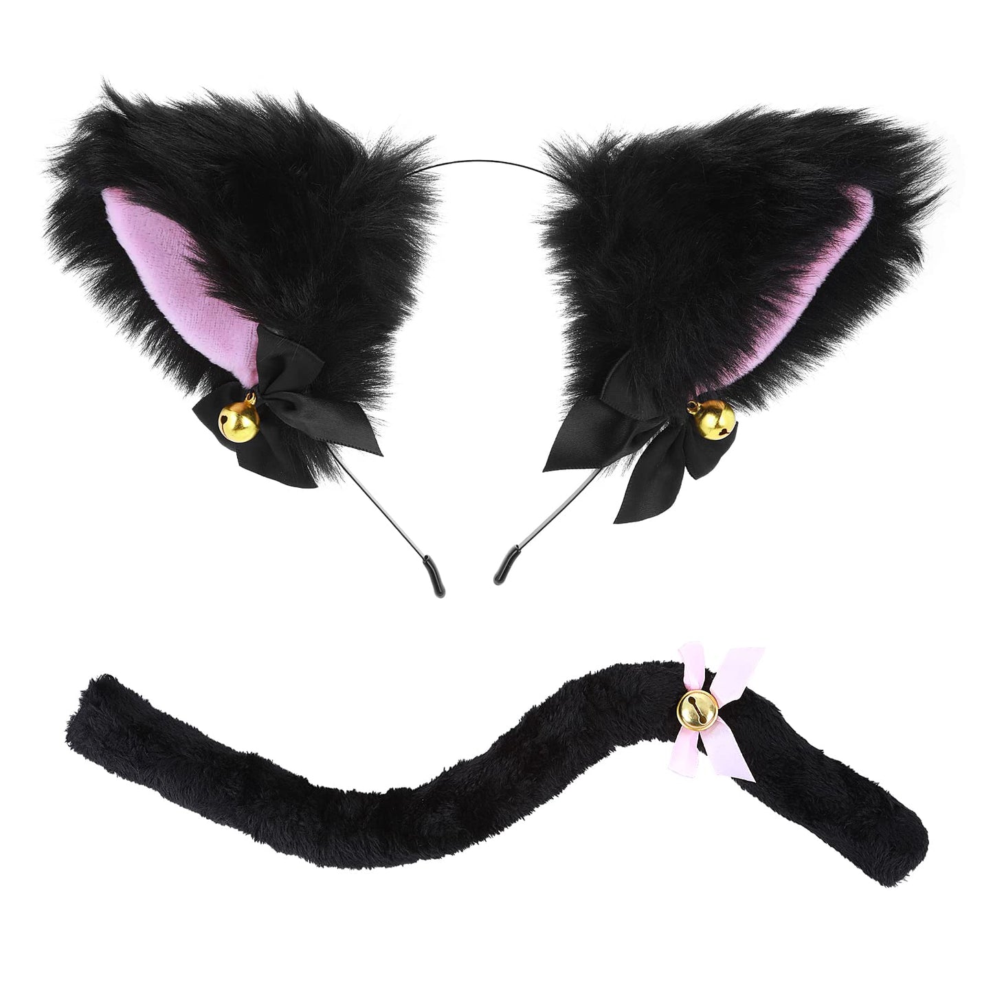 Cat Ears and Tail Set Easter Furry Cat Ears Headband with Tail Black Cat Cosplay Costume Accessories Set for Women Girls Easter Party Favor Costume