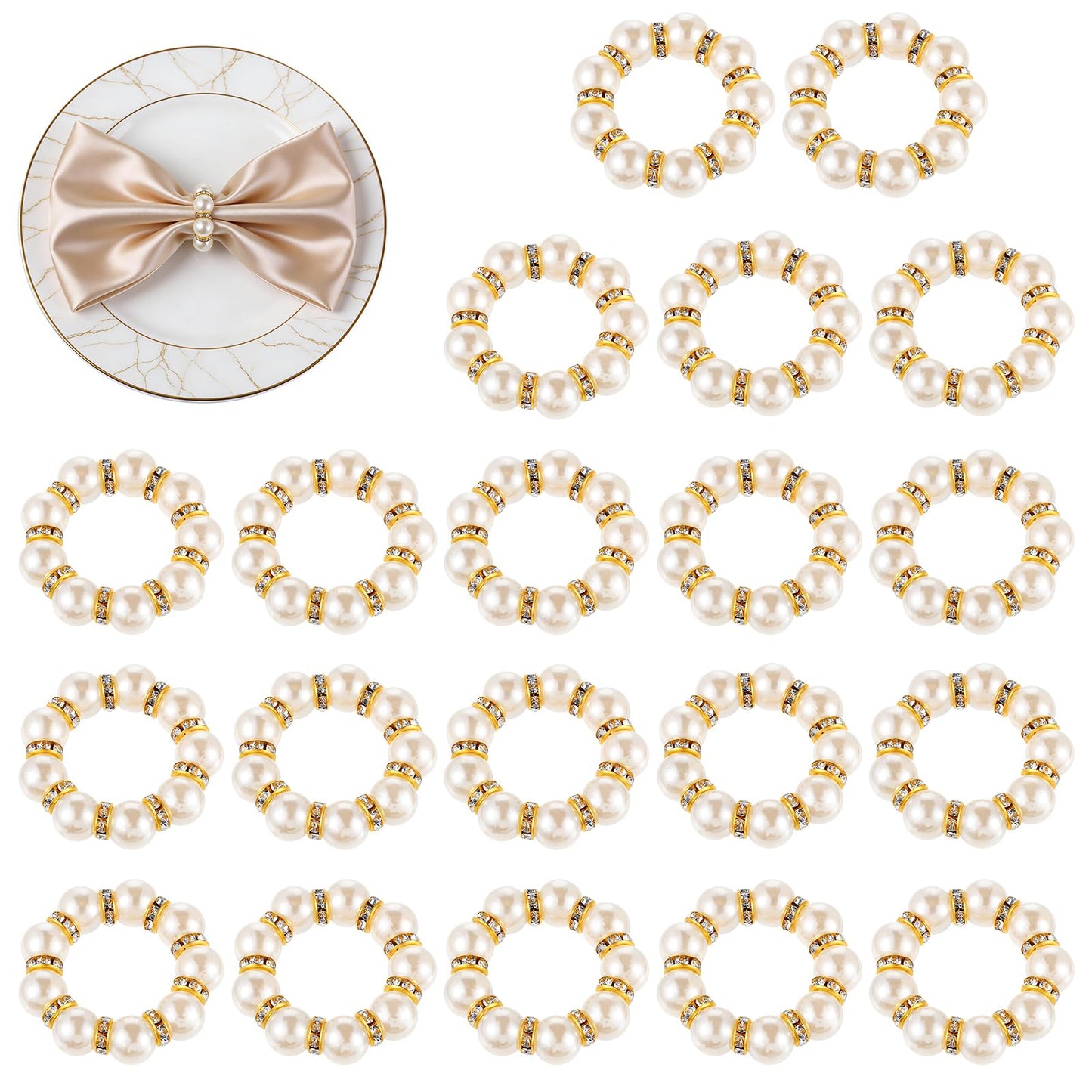 20 Pcs Gold Pearl Napkin Rings – Elegant Rhinestone Beaded Napkins Rings for Weddings, Dinner Parties, and Holiday Table Decor – Imitation Pearl Napkin Buckles with Gold Finish (White & Gold)