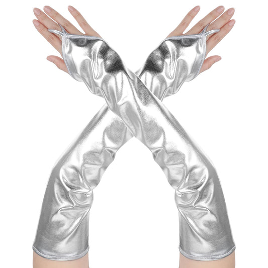 Silver Gloves Women Metallic Fingerless Long Gloves for Women Elbow Elegant Opera Party Gloves Patent Leather Rave Evening Halloween Costumes Tea Party Cosplay Masquerade 1980s Fashion