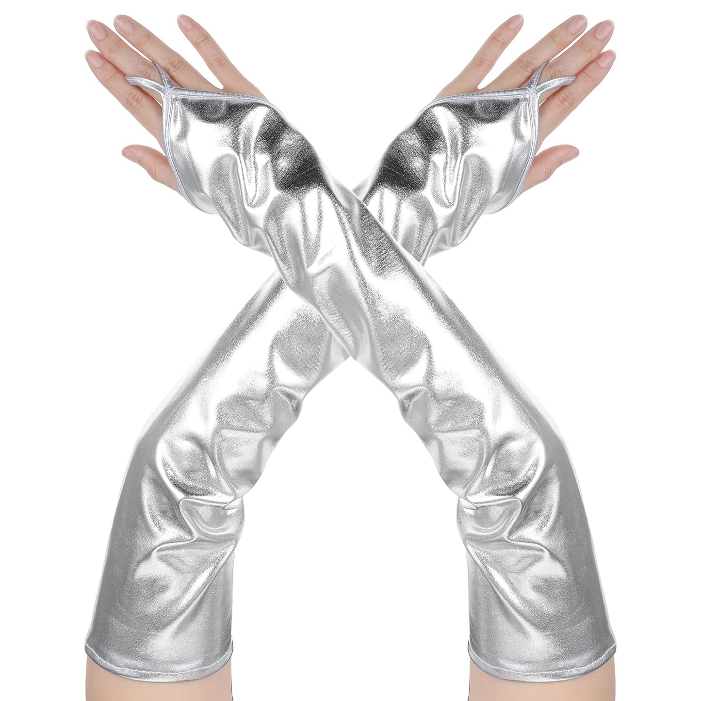 Silver Gloves Women Metallic Fingerless Long Gloves for Women Elbow Elegant Opera Party Gloves Patent Leather Rave Evening Halloween Costumes Tea Party Cosplay Masquerade 1980s Fashion