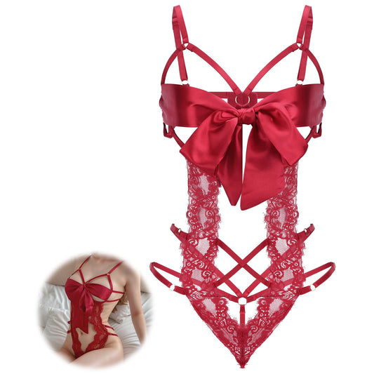 Telooco Women's Sexy Lingerie for Women Lace Bodysuit with Bow Tie Cutout Design One Piece Lingerie Sets for Women Sexy, Red, Red, One Size