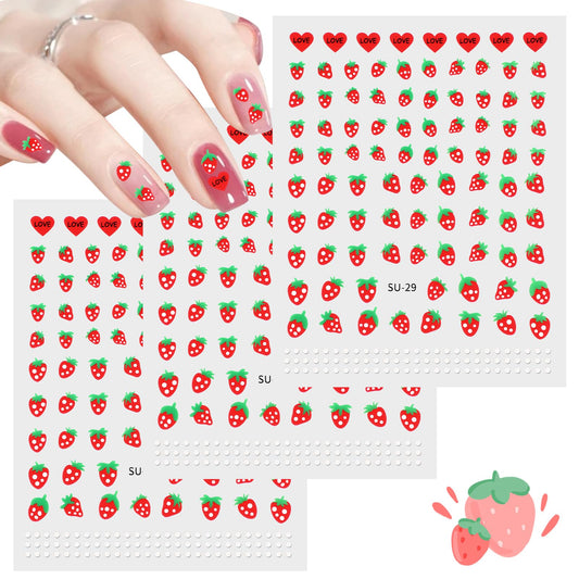 Lusofie Strawberry Nail Stickers 3D Art Nail Decals Self-Adhesive Fruit Nail Stickers Strawberry Cute Sweet Sticker Nails for Nail Art Decoration