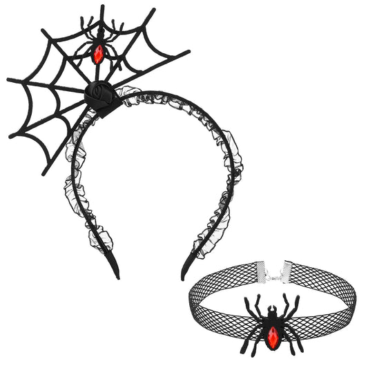 Yolev Halloween Spider Web Hair Hoop Spider Headband and Lace choker Set Halloween Cosplay Masquerade Party Fancy Dress Costume Accessories for Women and Girls