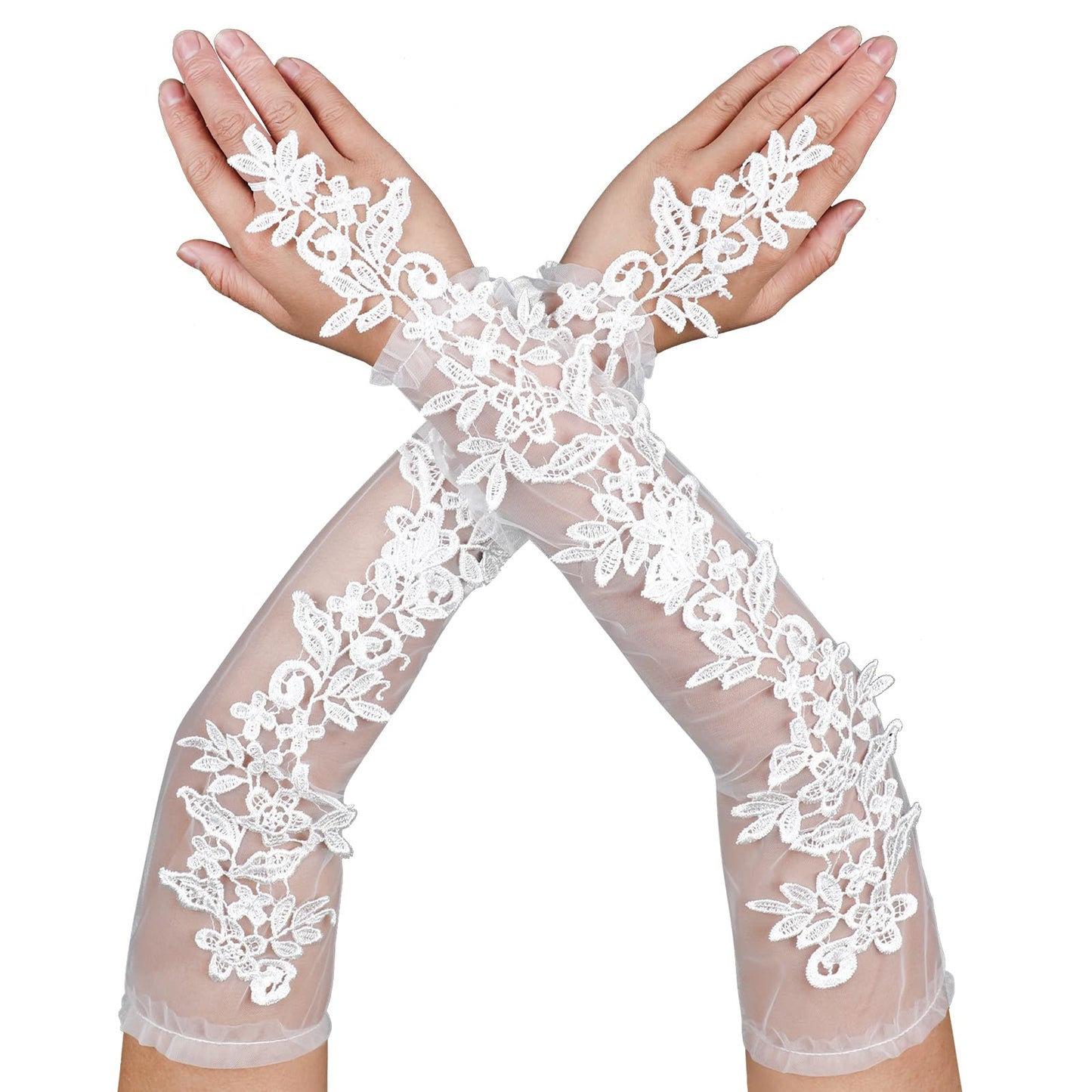 Telooco Women's Fingerless Lace Gloves Elbow Length Embroidered Tulle Gloves Suitable For Evening Party Opera Bridal Party Wedding Dance Halloween (White)