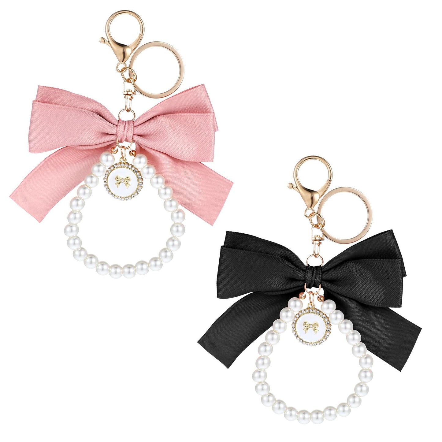 Lusofie 2 Pcs Bow Keychain Pearl Bow Keychain Bow Bag Charm Bow Purse Charm Cute Keychains for Women Coquette Keychain Pearl Keychain(Black Pink)