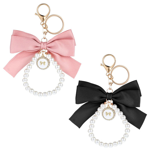 Lusofie 2 Pcs Bow Keychain Pearl Bow Keychain Bow Bag Charm Bow Purse Charm Cute Keychains for Women Coquette Keychain Pearl Keychain(Black Pink)