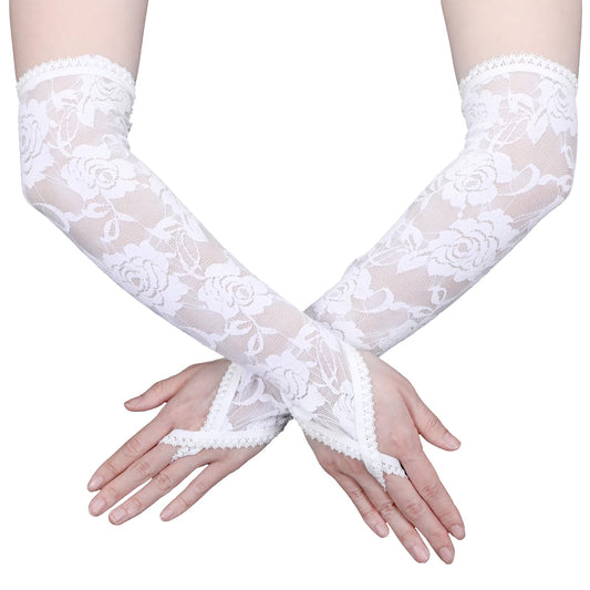 Lusofie White Lace Gloves Long Evening Gloves,Long Lace Gloves Women,Ladies Classic Lace Gloves Women Tea Party Lace Fingerless Gloves Stretchy for Costume Evening Opera Bridal Party Wedding