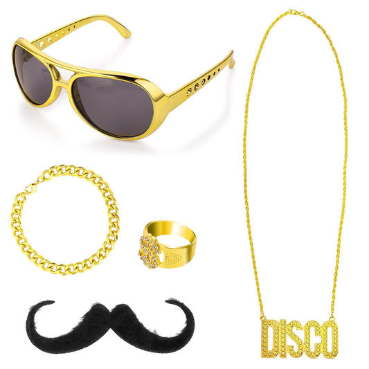 Lusofie 3 Pieces Hippie Costume Accessories Disco Glasses 70s fancy dress mens 60s fancy dress for women Disco Necklace Mustaches Bracelets and Rings for 50s 60s 70s 80s Disco Party