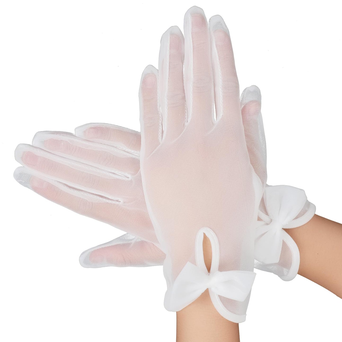 Yolev Short White Gloves Lace Design White Lace Gloves Fancy Dress Satin Sheer Gloves for Women Evening Party Gloves