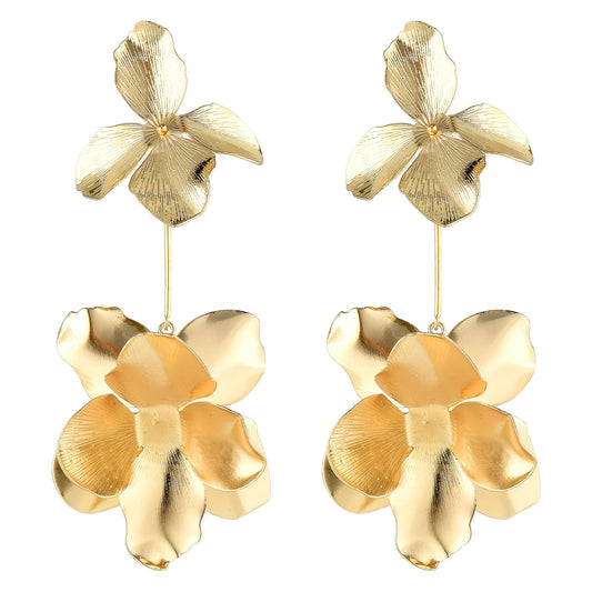Statement Gold Petal Earrings Large Flower Earrings Exaggerated Metal Floral Earrings Thanksgiving Christmas Jewelry Gift for Women Girls