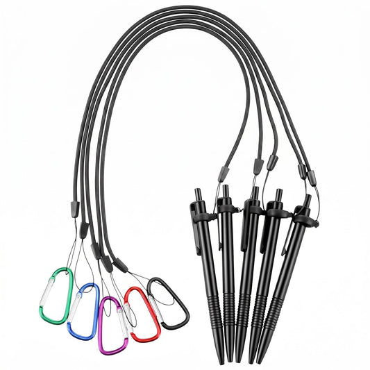 Fiyooau 5 Sets 24 Inch Pen Leash for Clipboard - Elastic Pen Lanyard Tether with Silicone Ring, Carabiner and Pens, Stylus Lanyard for Clipboard Notebook Office Supplies