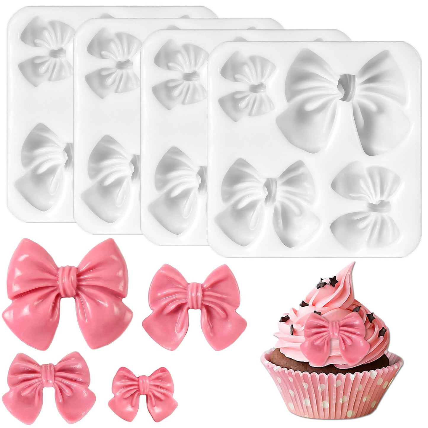 4 Pcs Bow Chocolate Mold Bow Silicone Fondant Mold Bowknot Candy Molds for Chocolate Candy Cake Pudding Decorating Cupcake Topper Crafts (Pink, Gray)