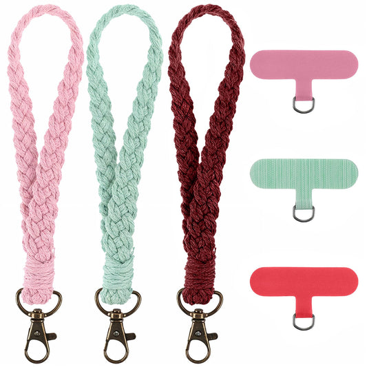 HaiFafafaing 3 Set Macrame Wrist Strap For Phone Case With Phone Tether Tabs 3 Colours Phone Lanyard Wrist Universal Boho Phone Bracelet Strap Women Men Cell Phone Wristlet(Red+Green+Pink)