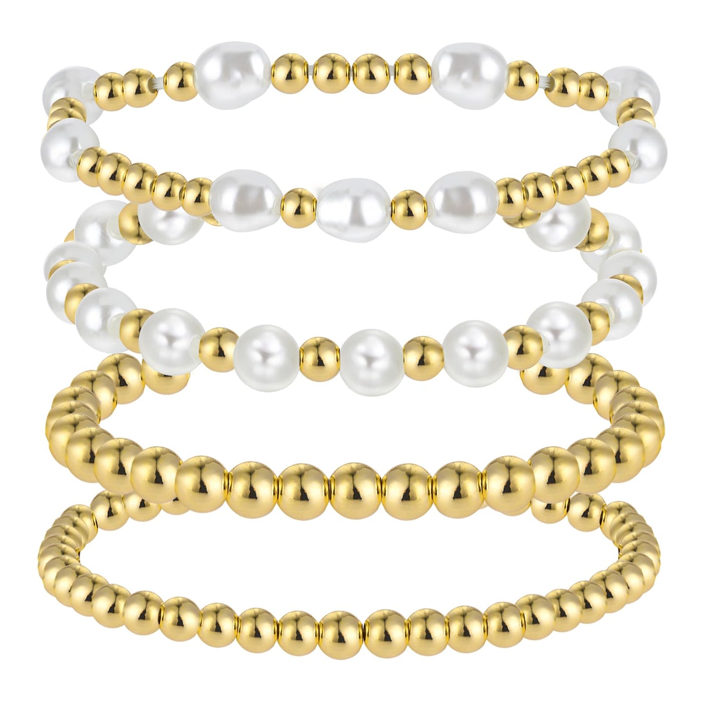 DIVINA VITAE 4 Pcs Pearl Gold Bracelet Stack Gold Plated Dainty Gold Pearl Bracelet Stackable Stretch Bead Ball Bracelet Set Bohemian Gold Beaded Bracelets Jewelry Gifts for Women Teen Girls