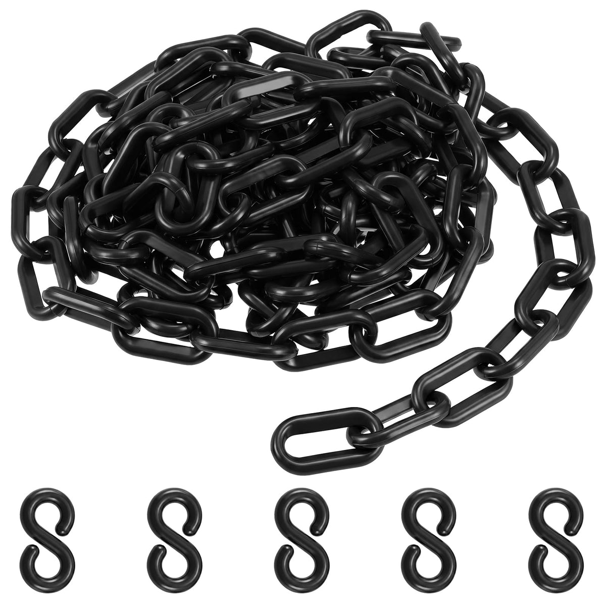 Black Plastic Chain Links, 10 Feet Safety Chains with 5 Plastic S Hooks