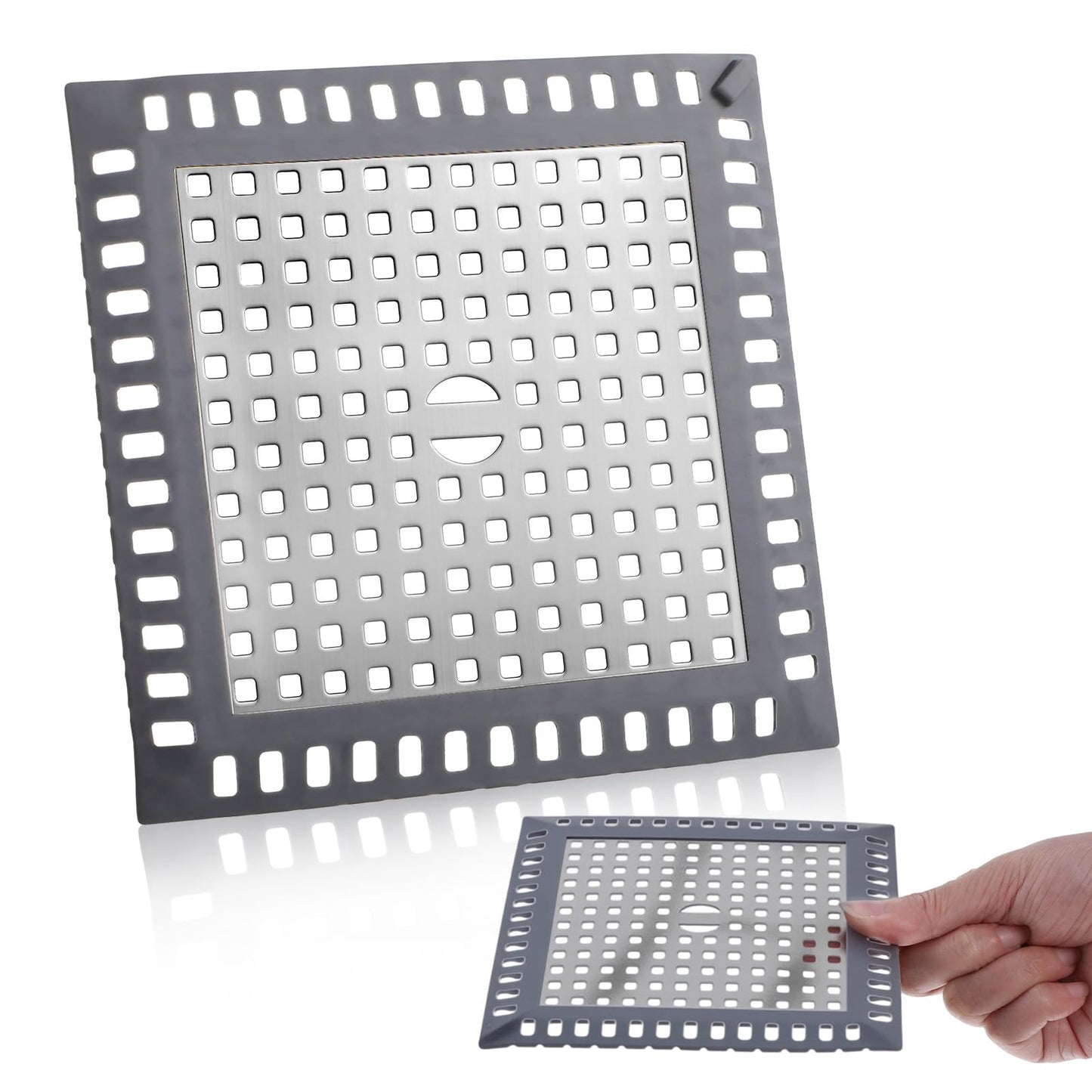 Shower Drain Cover Hair Catcher 4.72'' Stainless Steel Flat Drain Hair Catcher with Silicone Edges Bathroom Kitchen Sink Drain Strainer