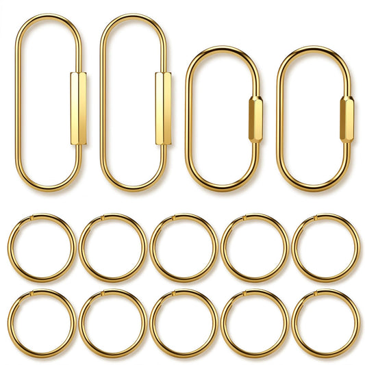 Fiyooau 4 Pack Gold Carabiner, Brass Screw Lock Carabiner Gold Key Ring with 10 O Rings Purse Charm Clip for Keys Handbags Dog Leash Pet Tags