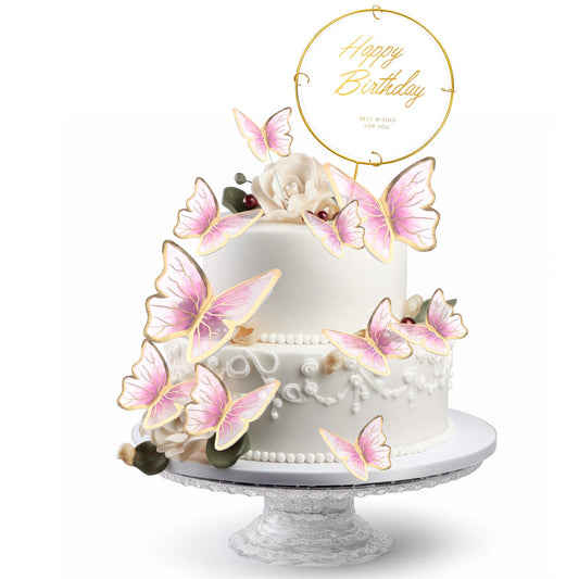 Butterfly Cake Toppers Happy Birthday Butterfly Cake Decorations 11PCS Gold Border Butterfly Topper for Girls Women's Birthday Cake (Pink)