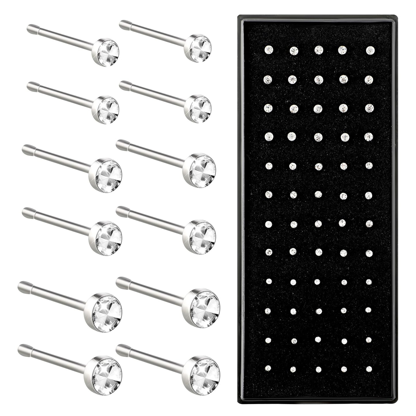 Yolev 60pcs Surgical Stainless Steel Nose Studs, Hypoallergenic Body Piercing Jewelry for Women Men Steel Nose Studs Rings Piercing Pin Body Jewelry 22G 1.5mm 2mm 2.5mm