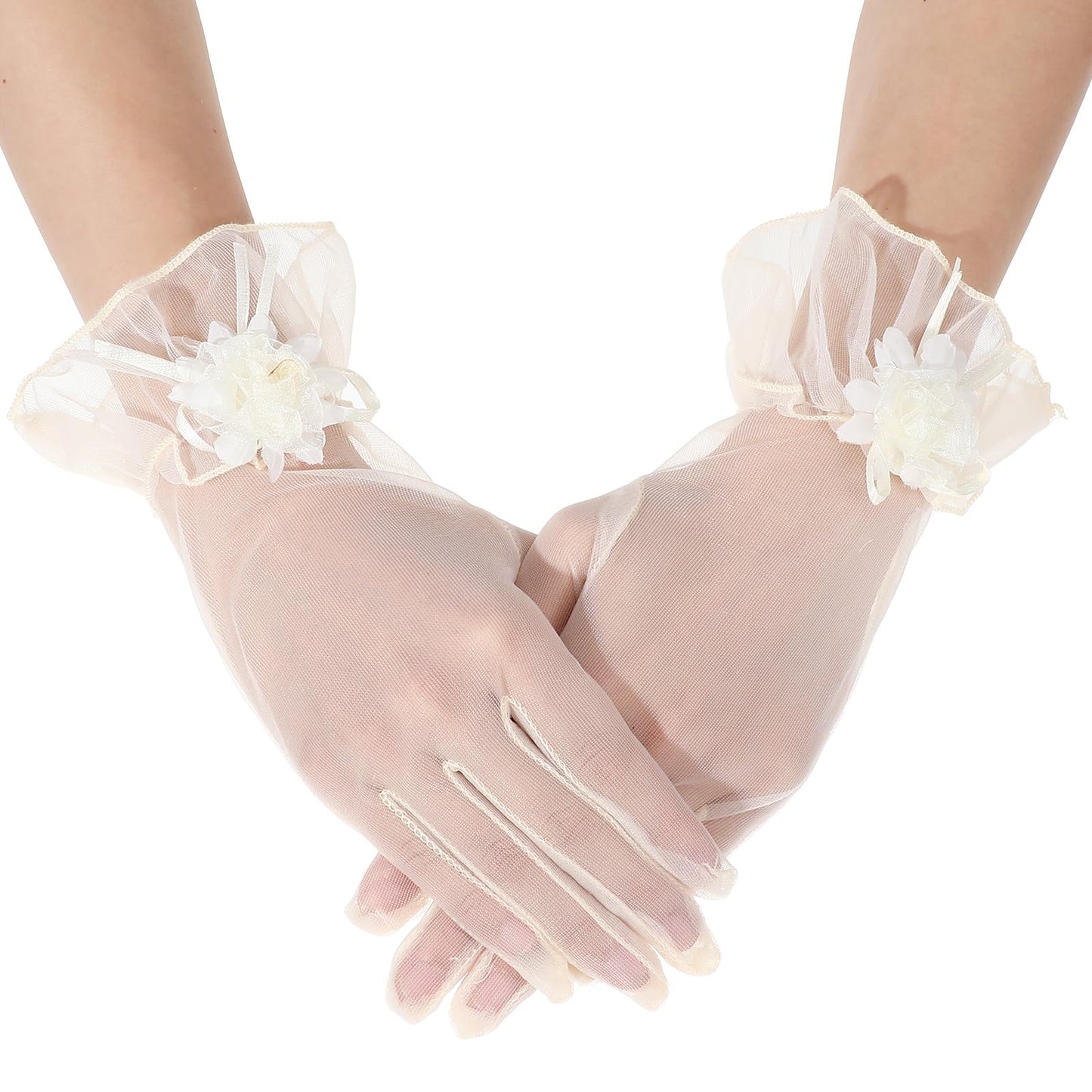 Meyeyaia Tea Gloves for Women，Floral Tulle Gloves for Women Wedding Party Accessories(champagne)