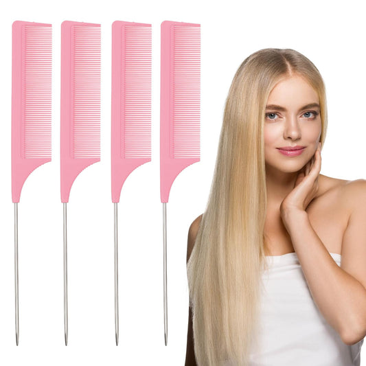 Lusofie Rat Tail Comb, 4pcs Stainless Steel & Nylon Teasing Comb for Sectioning, Styling Hair & Braiding, Unisex Adult Pink