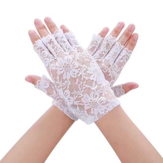 Yolev Ladies Short Lace Gloves Fingerless Lace Gloves Elegant Women's Tea Party Floral Gloves for Wedding Dinner Party (White)