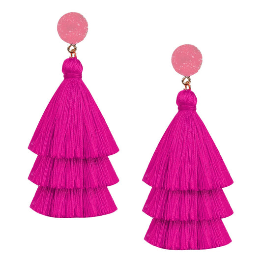 Yolev Layered Tassel Earrings Bohemian Tiered Tassel Earrings Druzy Stud Dangle Drop Earrings Jewelry for Women Girls Christmas Valentine Mother's Day Gift (Rose Red)