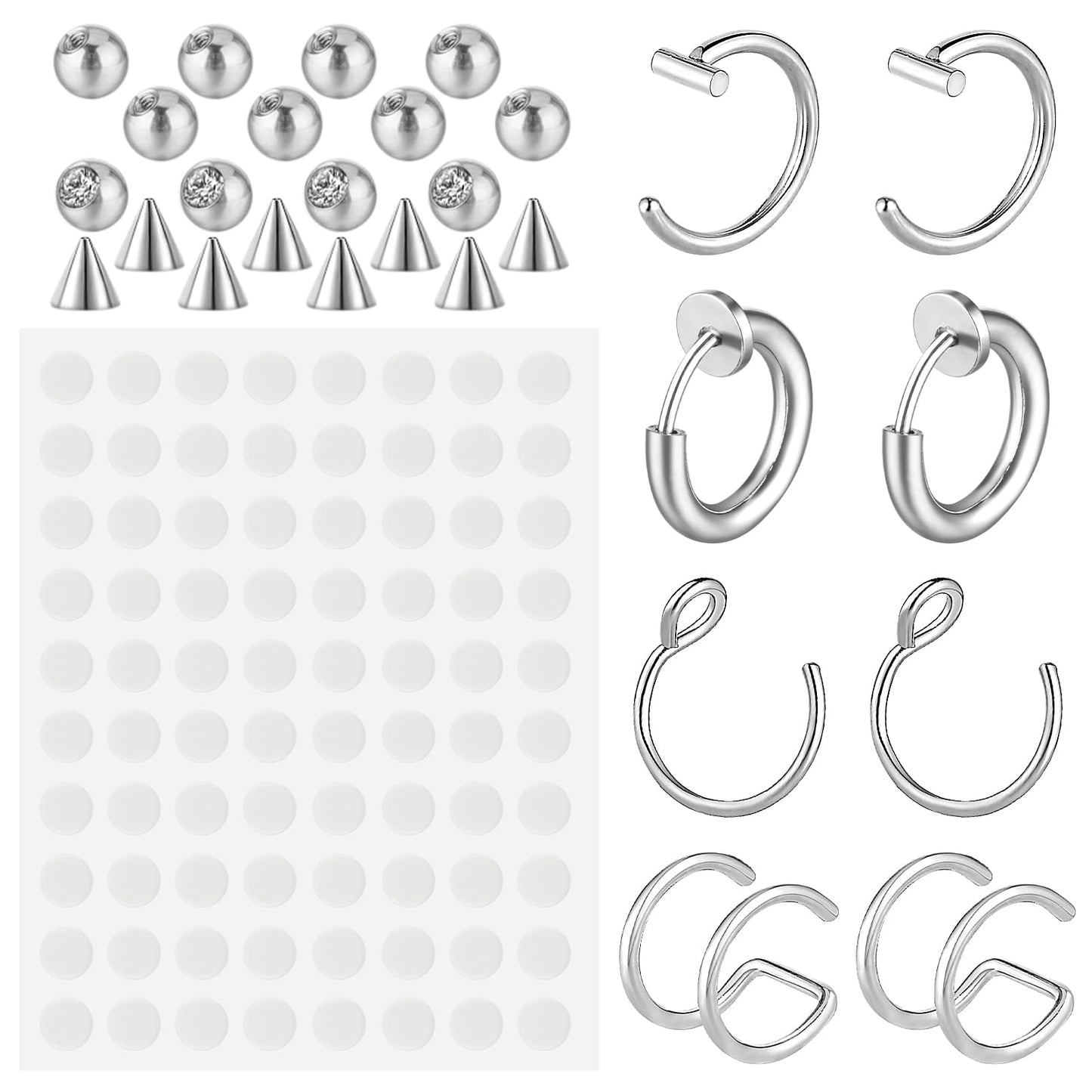 Telooco Fake Eyebrow Ring Fake Lip Piercing Studs Replacement Balls Spike Fake Nose Rings Hoop with 100Pcs Sticker Non-Piercing Body Jewelry Skin Piercing