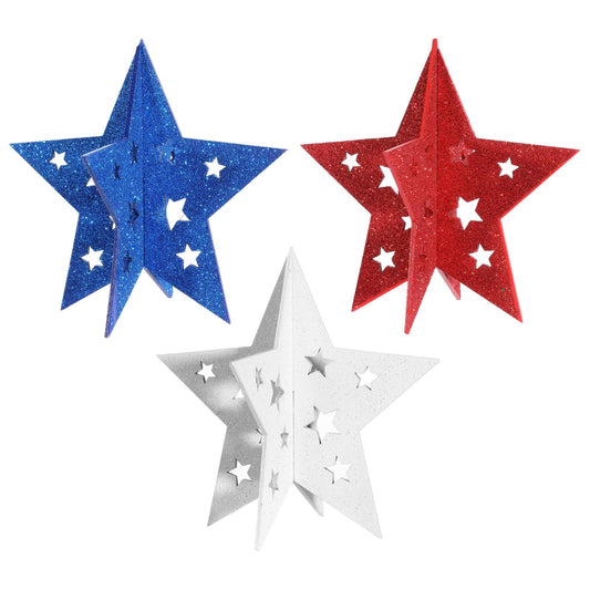 Fiyooau 4th of July Decorations Wooden Stars Set of 3-3D Glitter Star Patriotic Memorial Day Tiered Tray Decor - Red White and Blue Stars Patriotic Table Decorations for Home Office Table Shelf