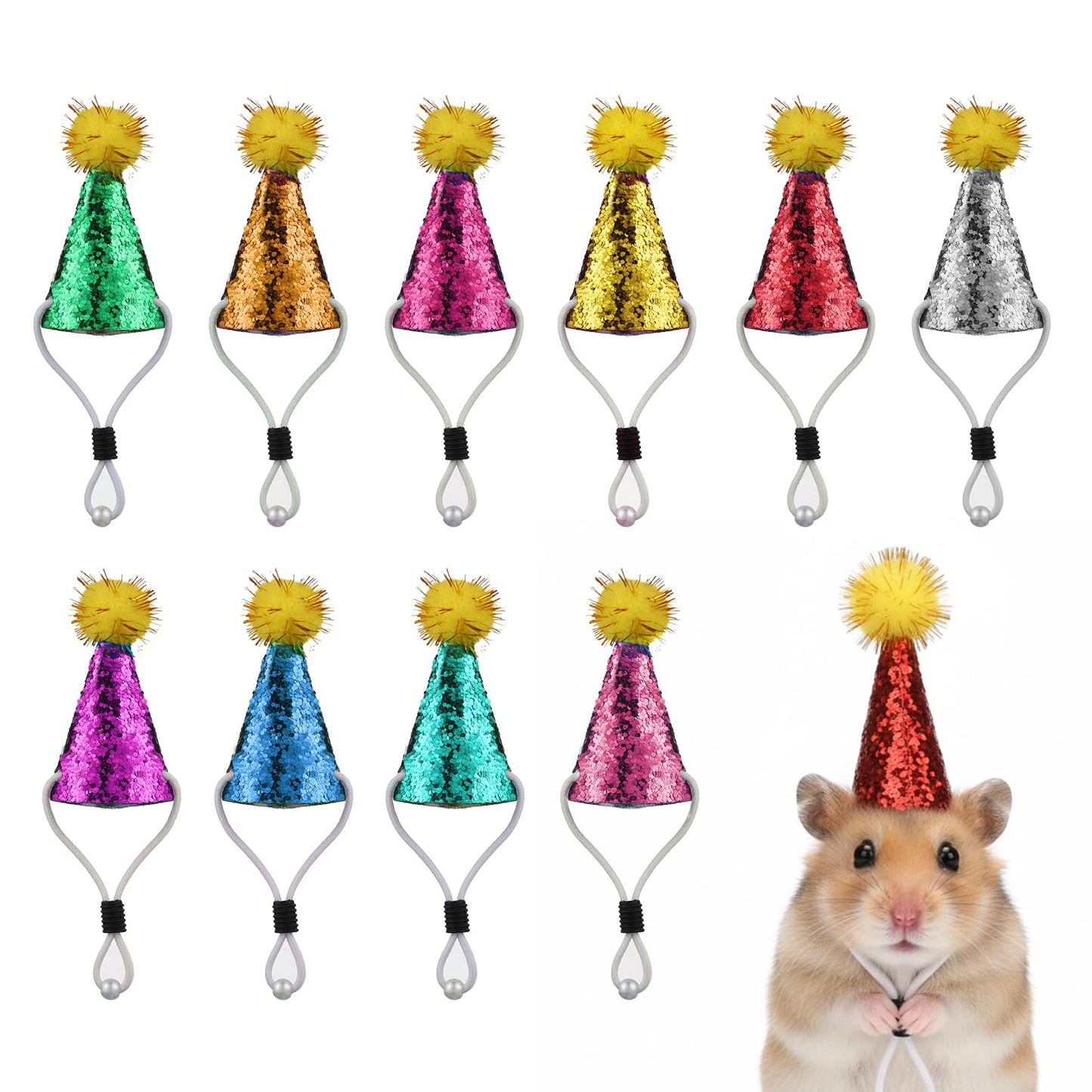 10PCS Mini Party Hats with Pom-poms, Adjustable Mini Party Hats for Stuffed Animals, Conical Sparkling Small Birthday Hat for Small Pet, Hamster, Hedgehog, Lizard, Reptile, Birthday Cake Decoration