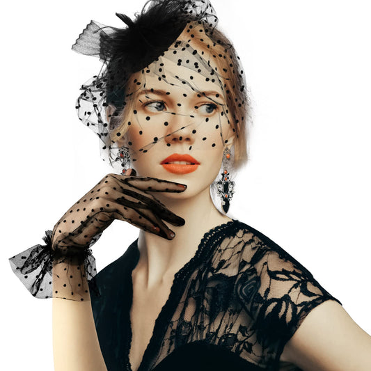 Fascinators Hat Veil Vintage Fascinator Mesh Lace Clips Short Lace Glove Tea Party Headwear with Veil Cocktail Tea Party Headwear for Girls and Women (Black)
